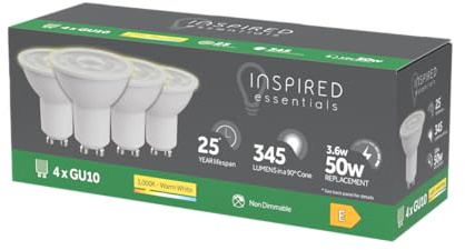 Inspired Essentials LED GU10 Spotlight Bulb 3.6W (50W Replacement) - Pack of 4 LED Bulbs (4, Warm White)
