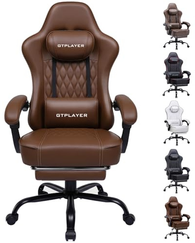 GTPLAYER Gaming Stuhl, Bürostuhl, Ergonomischer PC Stuhl, Höhenverstellbarer Drehstuhl,Armlehnen mit Synchronmechanik, Lendenkissen, Kopfkissen, bis 150 kg Belastbarkeit, Kunstleder, Schokoladenbraun