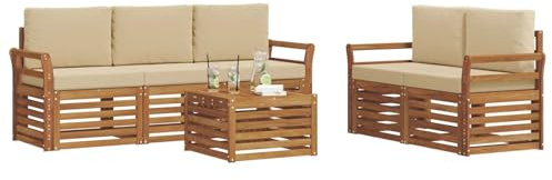 vidaXL Sofagarnituren 6 pcs Natur und Beige Massivholz Akazie, Moderne Gartenmöbel, strapazierfähiges Outdoor-Sofa, Lounge-Set für die Terrasse, bequemes Sitzen draußen