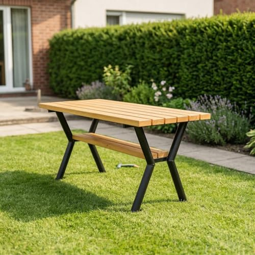 REKORD Massiver Gartentisch 170 x 65 x 74 cm Wetterfester Parktisch aus Stahl & Holz Robuster Terrassentisch für Garten Park & Gastronomie Stabiler Esstisch Außenbereich Gladiator - Teak