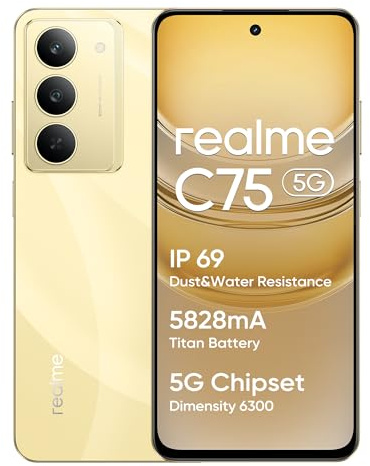 realme C75 5G Smartphone 8+256 Go, IP69, Batterie 5828 mAh, Chipset Dimensity 6300 5G, Appareil Photo Ultra Nét 50MP, Écran Eye Comfort 120Hz, Doré.
