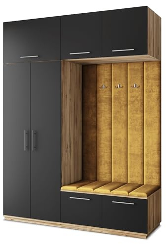 Masseno Flugarderoben Set Rema, Kleiderschrank-Set mit Sitzbank, Garderobenschrank Flur mit 5 Regalböden, Eiche Wotan/Schwarz