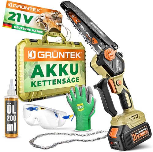 GRÜNTEK Akku Kettensäge 21V, Mini Motorsäge, Elektrische Akku Astsäge, Gartensäge 600W Brushless, Profi Handkettensäge, 6 Zoll Schwert, Kompakt mit viel Zubehör im Koffer
