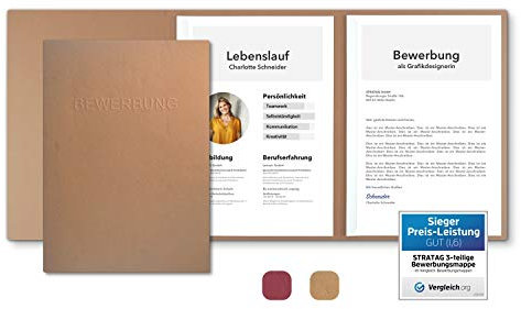5 Stück 3-teilige Bewerbungsmappen Cognac mit 2 Klemmschienen in feinster Lederstruktur - hochwertige Prägung ''BEWERBUNG'' - direkt vom Hersteller STRATAG