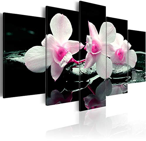 decomonkey Bilder Blumen Orchidee 200x100 cm XXL 5 Teilig Leinwandbilder Bild auf Leinwand Wandbild Kunstdruck Wanddeko Wand Wohnzimmer Wanddekoration Deko Natur Spa Zen