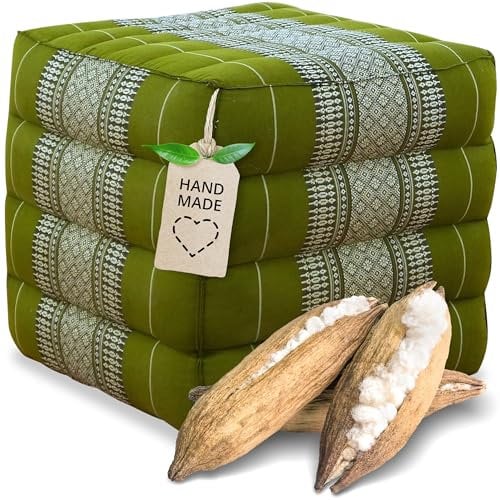 livasia Würfelkissen quadratisch - 40x40x40cm - Sitzhocker mit organischem Kapok, Sitzpouf, Lagerungswürfel viereckig, Bodenkissen Hocker Fußbank Fußhocker handgefertigt (Grün)