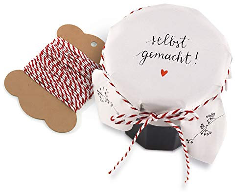 25 Marmeladendeckchen - selbstgemacht - florale Gläserdeckchen Weiß zum selbst beschriften für Eingemachtes & selbstgemachte Marmelade, Recyclingpapier Abreißblock + 10 m Garn + Justiergummi