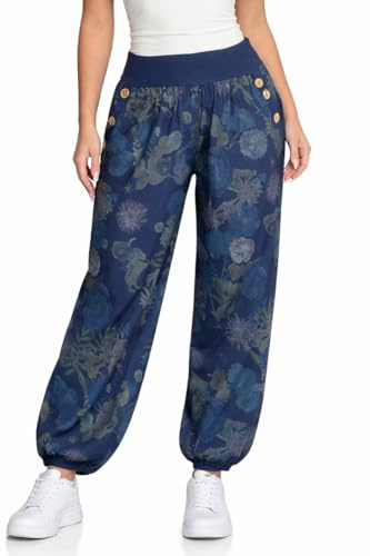 Mississhop 277 Damen leichte Blumenprint Hose Sommerhose Haremshose Ballonhose Blumen Pumphose Aladinhose Sommer Baggy Pants Dunkelblau