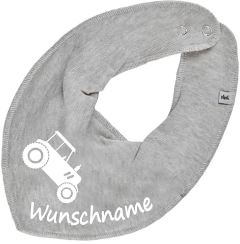 HALSTUCH mit Namen oder Text personalisiert für Baby oder Kind aus Baumwolle in Einheitsgröße Traktor grau
