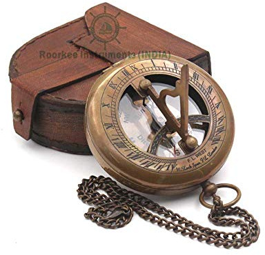 Personalized Vintage Sundial Compass with Leather Case,Brass Compass,Gift for Him,Engraved Compass,Sundial Push Compass for Camping, Hiking, Touring