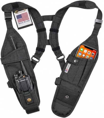 USH-300D Universal Shoulder Holster Double Pouch for Portable Two Way | Holds two radios in adjustable under-arm pouches plus rear storage. Six adjustment tabs, handmade in USA.