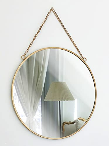 Gold Round Mirror 25 cm, Round Vintage Metal Framed Wall Mirror with Hanging Chain, for Bathroom, Bedroom, Hallway and Living Room Vintage/contemporary (Gold)