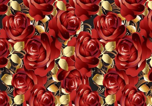 Fototapete 3D Effekt Vliestapete Vintage Rote Rose Goldene Blätter Kunstölgemälde Tapeten Wand Wallpaper Wandbilder Wanddeko 150x105cm