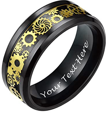 PROSTEEL Herren hochglanzpoliert Kohlefaser Ring mit Zahnräder Muster Schwarz Größe 62 Hochzeit Verlobung personalisiert Bandring 8mm breit Partnerring Trauring Modeschmuck Accessoire für Geburtstag