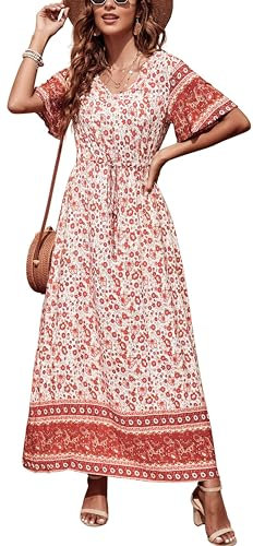 GRECERELLE Robe de plage longue d'été bohème pour femme - Imprimé floral - Col en V - Manches courtes - Cordon de serrage - Taille haute, Feuille d'érable rouge blanche, S