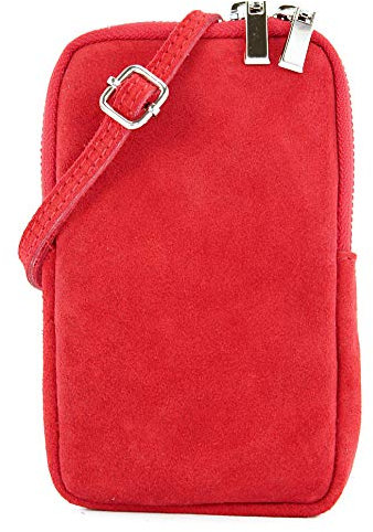 modamoda de T197 Damen Leder Handytasche 6,7 Zoll Umhängetasche handmade in Italy, Farbe:Signalrot/Wildleder