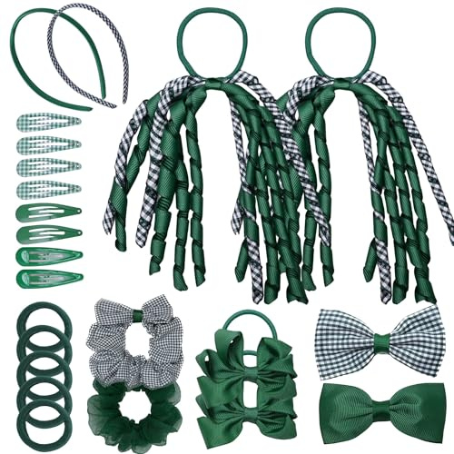 Basic Sense Girls Gingham School Hair Accessories Set & Bobbles, Green | 23 pieces: gingham hair bobbles, scrunchies, ribbon ponytail holders, epoxy & metal hair pins and clips for school uniform
