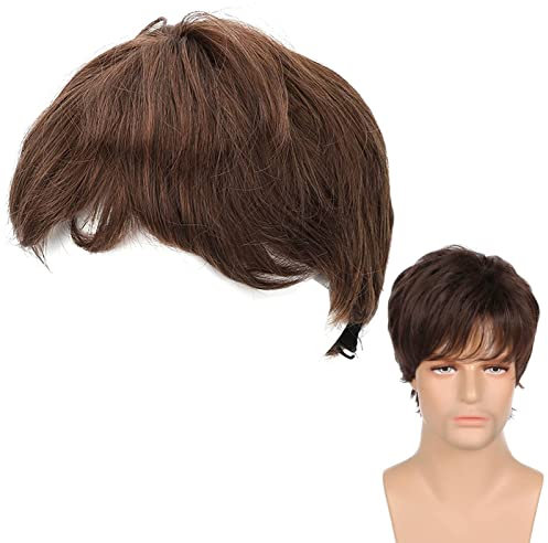 Kurze braune Perücke für Herren, natürlicher, flauschiger Kunsthaarersatz, hübsche Haarteile mit Pony für Büro, Party, Cosplay, tägliche Gesellschaft