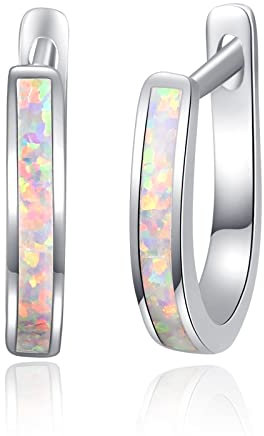 KINGWHYTE Opal Ohrringe Damen 925 Sterling Silber Opal Creolen U-Förmige Ohrring Geburtstag Schmuck Geschenke(Weiß)