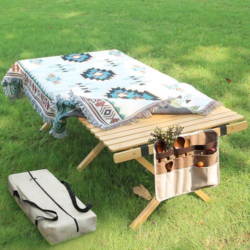 HUIHUIBI Tragbarer, niedriger Picknicktisch, 1.2 m, Bambus, zusammenklappbar, Campingtisch mit Tragetasche und Tischdecke, faltbarer Strandtisch für Camping, Grillen, Reisen, Terrasse, Party