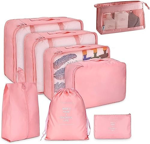 Reiseverpackungswürfel, 8-teiliges Set Reisewürfel, faltbare Gepäckaufbewahrungstasche, leichte Gepäckaufbewahrungstasche (Pink)