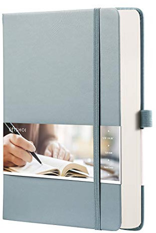 EMSHOI Diario punteggiato formato A5, 21,4 x 14,5 cm, 256 pagine, carta spessa 120 g/m², 8 fogli perforati, portapenne, tasca posteriore, copertina rigida, in ecopelle, per bullet journaling, grigio e