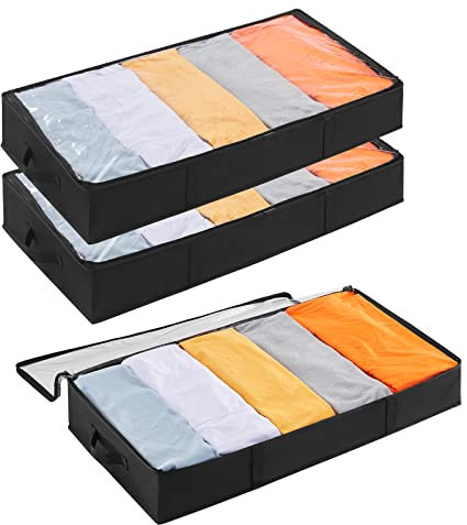 Lifewit 3 Pack UnderBed Storage Bags with Lid, Clothes Storage Boxes Foldable Under bed Storage Organizer with Reinforced Handle Thick Fabric Clear Window for Clothes Blankets Shoes, 65L, Black