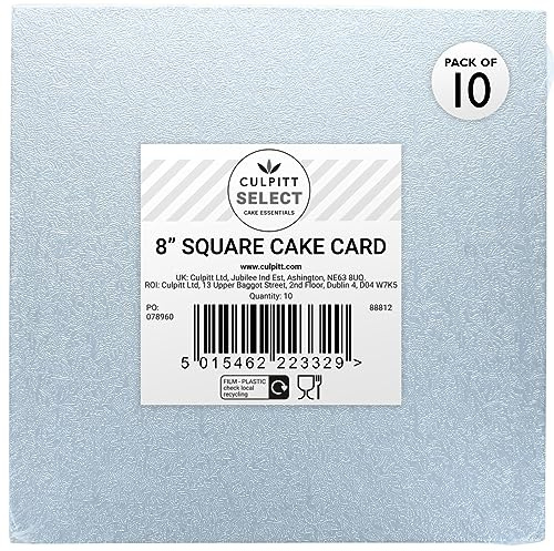 Culpitt Select 8 (20cm) Square Cake Cards - 10 Pack | 3mm Double-Thick, Silver Foil Finish, Fits 6 Sponge, Lightweight Yet Strong