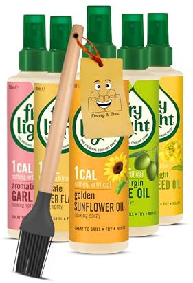 Cooking Oil Spray Bundle ┃Frylight 190ml ┃1 x Sunflower ┃1 x Olive ┃1 x Butter ┃1 x Garlic ┃1 x Rapeseed ┃1 Calorie per Spray Bottle ┃ Bundled with Donny & Dev Wooden Handle Oil Brush