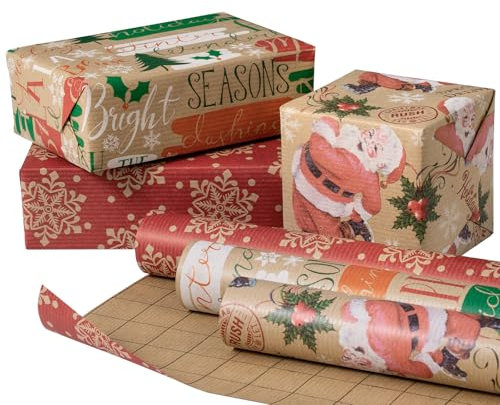 RUSPEPA Weihnachts-Geschenkpapierrolle aus Kraftpapier – Schneemann, Schneeflocke und Text – 43,2 cm x 3 m pro Rolle, insgesamt 3 Rollen