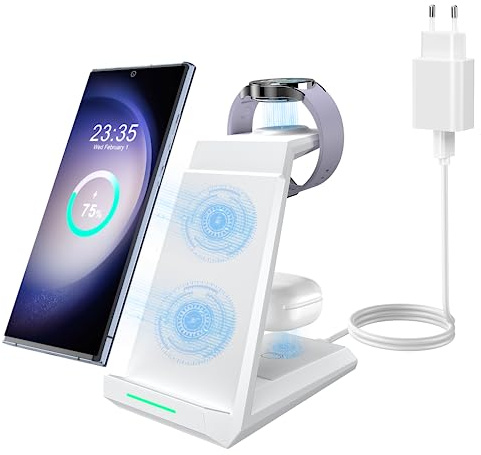 3 in 1 Induktive Ladestation für Samsung, ADADPU kabellose Ladestation | für mehrere Geräte mit 20W PD Adapter, Handy Ladestation für Galaxy S26/S25/S24/S23/S22 Ultra, Galaxy Watch 8/7/6/5/4/3