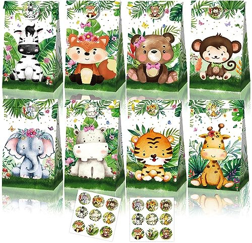 Dschungel Geschenktüten, Tierische Papiertüten,12 Stück und 18 Stück Versiegelungsaufkleber, Kraft-Goody Bags, Geburtstagsparty-Papiertüten und Halloween-Süßigkeitenpackungen, Geschenktüten für Kinder