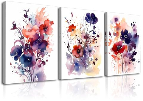 PIY PAINTING Quadro Moderno Quadri con Fiori Soggiorno Stampa di Fiori ad Acquerello 3 Pezzi Stampa su Tela di Fiore Elegante con Cornice Interna per la Decorazione della casa 30x40 cm