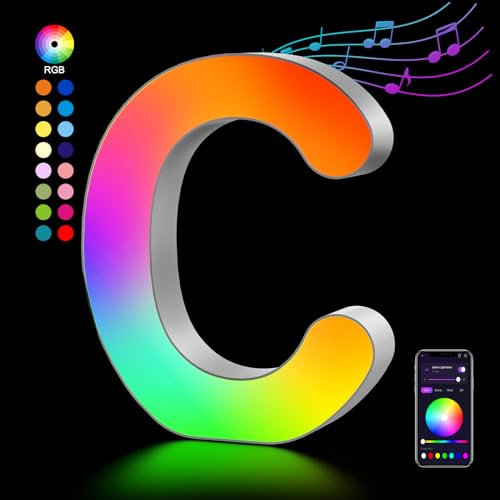 Letra Luminosas Mayúscula con USB, Letras de Luces LED Iluminadas Control APP, Luces Etras de neón, Luces de Noche para Pared, Fiesta de Cumpleaños, Navidad, Decoración de Boda, Letras - C