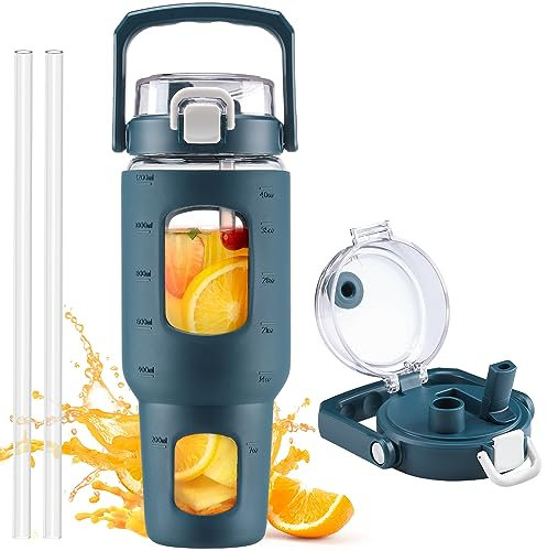 HYDRAGLAZIC 1200ml Glasflasche mit Strohhalm