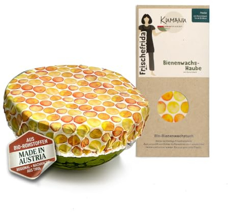 Kumanu | Bio Bienenwachstuch - Frischhalte-Haube FRISCHEFRIDA Ø 22-26cm |handgemacht in Tirol | natürliche Frischhaltefolie mit dem Extrahalt (gelbe Kreise)