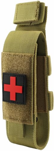 YONCONO Tactical Molle Tourniquet Holder, Portable TQ Military First Aid Equipment Case & Trauma Medical Shear Pouch (Tan)