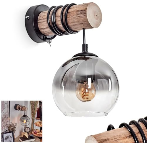 Wandleuchte Koyoto, Wandlampe aus Metall/Holz/Glas in Schwarz/Natur/Rauchfarben/Klar, Leuchte im Retro/Vintage-Design, Schirm aus Glas (Ø 15cm) u. An/-Auschalter am Gehäuse, 1 x E27, ohne Leuchtmittel