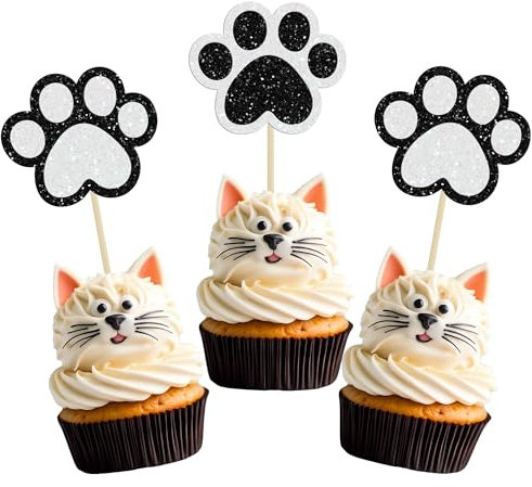Gyufise 24Pcs Paw Cupcake Toppers Glitter Dog Paw Cake Decorations Black White Glitter Puppy Cupcake Toppers for Baby Shower Boys Girls Birthday Party Cake Supplies