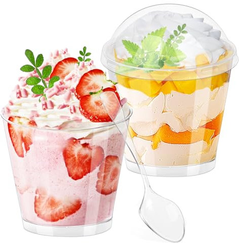 Dawumin Dessertgläser Plastik, 50 Stück Dessertbecher mit Deckel und Löffeln, 180ml Dessertschalen Wiederverwendbar, Plastikbecher Klein, Dessert Becher für Eis Pudding Mousse Picknick Party