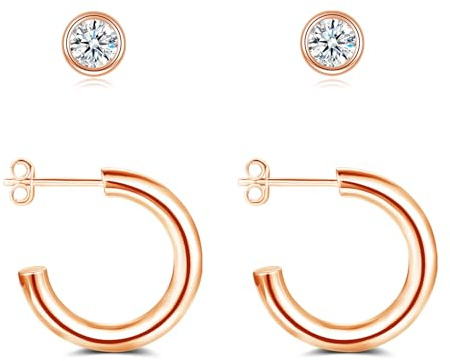 Loutade Creolen Silber 925, 2 Paare Damen Ohrringe Stecker Set, Hypoallergen Leichte Rose Gold Steck Creolen, Knorpel Schlafen Ohrstecker Zum Weihnachten