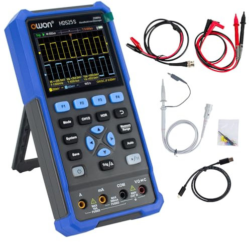 Oscilloscopio portatile, oscilloscopio multimetro digitale multifunzione, 20000 conteggi tester universale portatile 3 in 1, con display LCD da 3.5 pollici, 2 canali, larghezza di banda 25 MHz, HDS25S