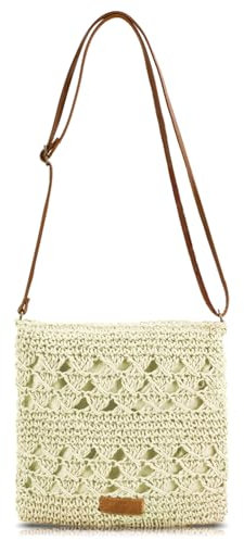 Bototack Summer Straw Bag for Women, Small Beach Crossbody Bag with Zipper and Adjustable Strap, Bohemian Weave Handmade Shoulder Handbags for Holiday Beach Travel (Creamy White)