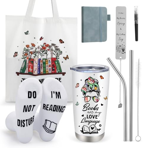 saerryor Book Lovers Gifts Set for Women, 6 PCS Gifts for Book Lovers Bookish Gifts Includes Tumbler, Canvas Tote Bag, Socks, Pen, Notebook, Bookmarks for Readers Bibliophiles Librarians