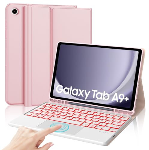 Étui Clavier pour Samsung Galaxy Tab A9 Plus 11 Pouces 2023, 7 Couleurs Rétroéclairées Magnétique Amovible Coque avec Pavé Tactile, Samsung Tab A9 + AZERTY Français Clavier Coque, Rose