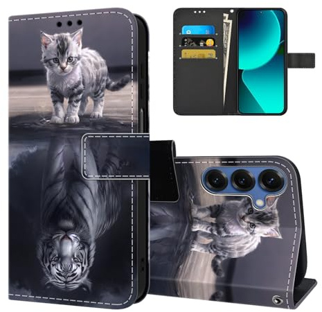 Tveinan Handyhülle für Samsung Galaxy S25 5G Hülle, Premium PU Leder Klappbar Klapphülle mit Muster Schutzhülle Magnet Kartenfach Standfunktion Flip Case Handytasche für Samsung S25 - Katze & Tiger