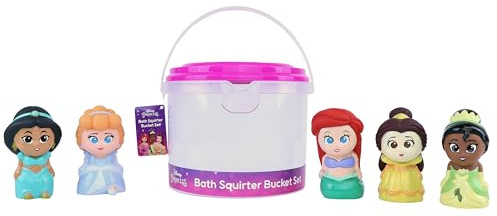 Disney Princess – 5-teiliges Bad-Spritz-Eimer-Set, Badespielzeug für Baby und Kleinkinder, inklusive Organizer-Eimer, zum Aufbewahren von Wasserspielzeug