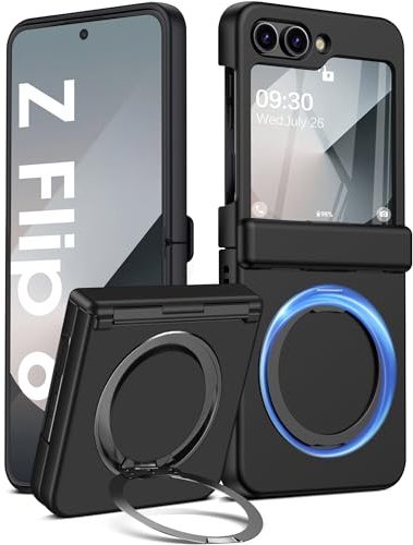 für Samsung Galaxy Z Flip 6 Hülle mit Ständer [Scharnierschutz] [Mit Displayschutz] Kabelloses Laden, Anti-Fingerabdruck, Stoßfest Schutzhülle, Galaxy Z Flip 6 5G Handyhülle Mit 360 Grad Ring Ständer