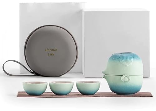 Zen Lotus Design Reise-Teekanne, tragbares Keramik-Teeset, 1 Kanne, 1 Fairness-Tasse und 3 Mini-Tassen, Teezeremonie-Set für ein bis drei (Seeblau) | Keramik Teezeremonie Set für 1 bis 3 mit Teekrug Lotus Design