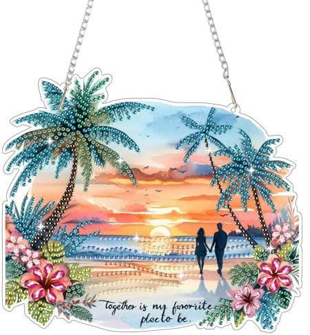 Bowetile Diamond Painting Fensterbilder Meer Erwachsene, Diamond Painting Anhänger Sonnenuntergang Paar, Hängende Ornament Motive Bastelset für Fensterbilder Wand Garten,Decor Geschenk